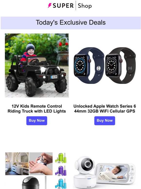 ✨Today's Exclusive: $264.99 Kids Remote Control Riding Truck | $212.99 Apple Watch Series 6 | $27.99 6-piece Bathroom Accessory Dispenser | $59.99 VALKIA HD Baby Monitor