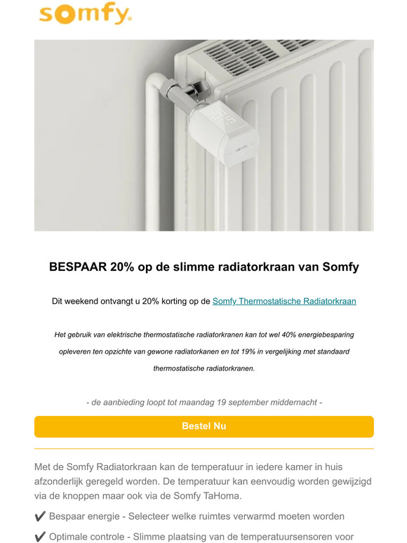 Dit weekend 20% korting op de Somfy Themorstatische Radiatorkraan