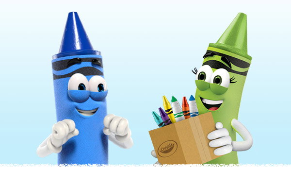 Blue and green crayon characters smiling at each other while holding a box of crayons and markers