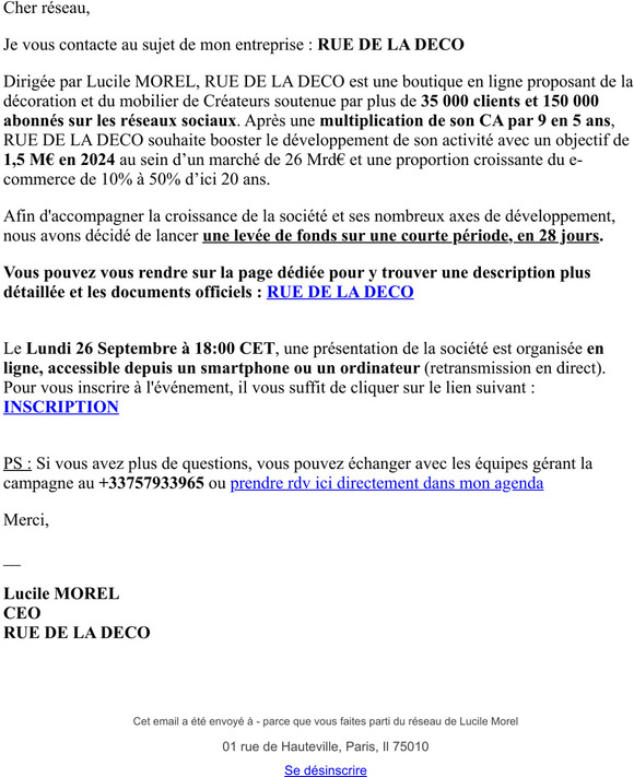 Lancement de la levée de fonds pour ma société RUE DE LA DECO