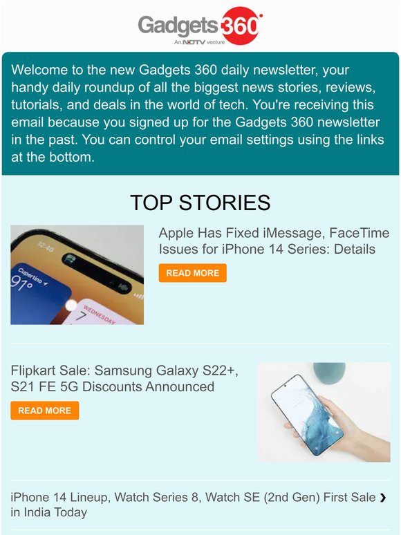 Gadgets 360 Newsletter: Flipkart Sale: Samsung Galaxy S22+, S21 FE 5G Discounts Announced & more