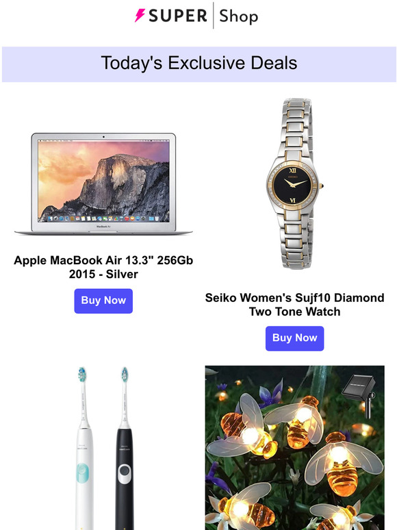 ✨Today's Exclusive: $517.99 Apple MacBook Air | $160.99 Seiko Women's Diamond Two Tone Watch | $50.99 Philips Rechargeable Toothbrush | $20.99 20 LED Solar Honey Bee String Lights & More!