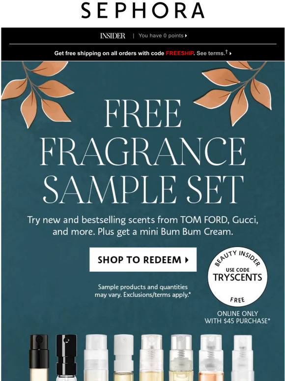 Sephora Get a FREE fragrance sample set now 💓 Yours with min. spend
