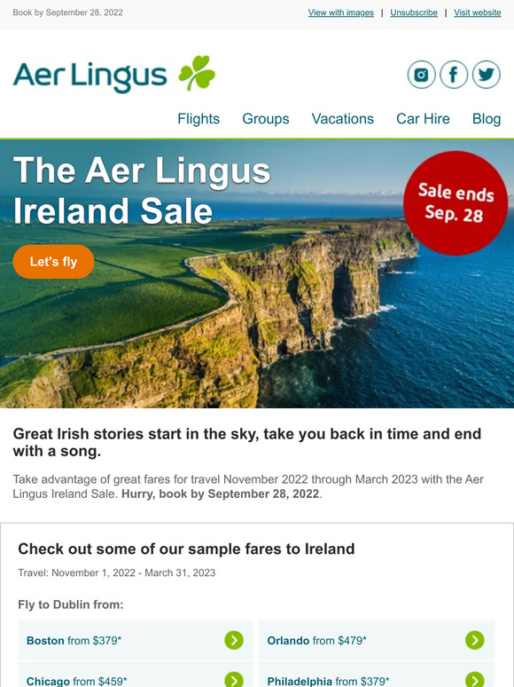 Aerlingus The Aer Lingus Ireland Sale fares from 379* Milled