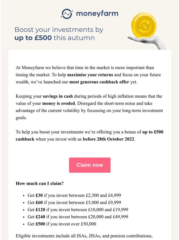 Get up to £500 cashback on your investments