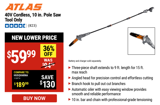 ATLAS 40V Cordless 10 in. Pole Saw - Tool Only