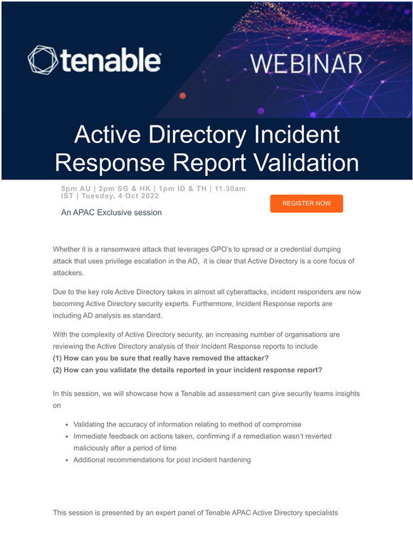 Tenable | Vulnerability Management: 4 Oct - Active Directory Incident ...