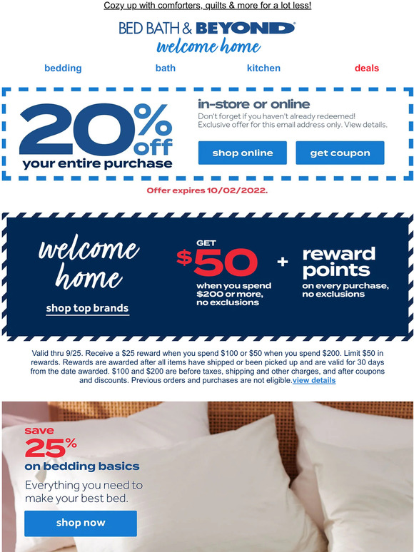 Bed Bath & Beyond: 20% Off Entire Purchase COUPON Unlocked! Wow! 😮 25% ...