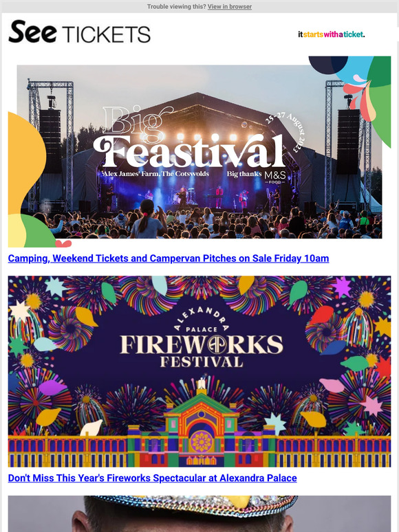 See Tickets Big Feastival, Alexandra Palace Fireworks Festival, Suede