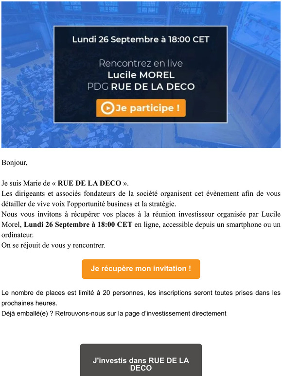 RUE DE LA DECO - votre invitation personnelle pour la réunion investisseur Lundi 26 Septembre à 18:00 CET