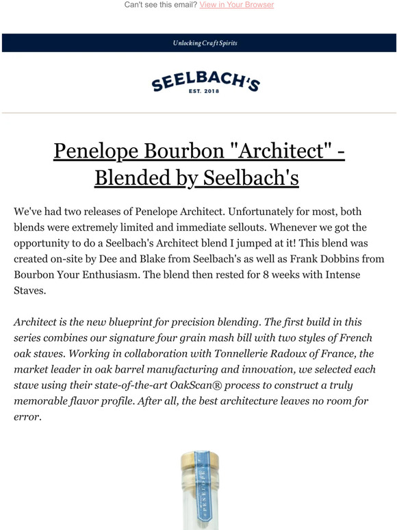 Seelbachs Bourbonr Pro Penelope Bourbon "Architect" Blended by Seelbach's Milled