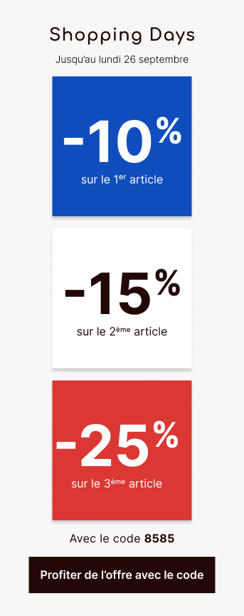 Shopping Days: -10% sur le 1er article, -15% sur le 2ème article et -25% sur le 3ème article