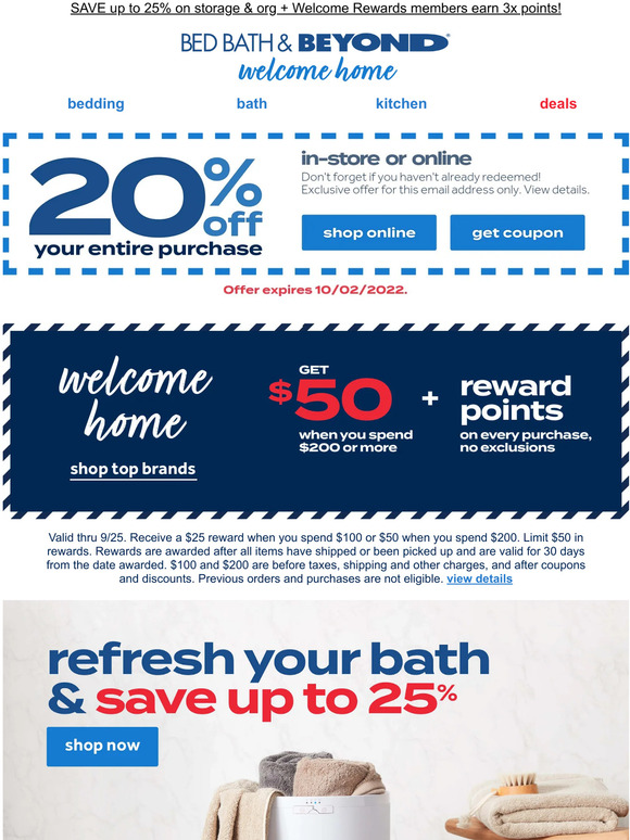 Bed Bath & Beyond Confirmed 20 off TOTAL purchase coupon! Get 50 in