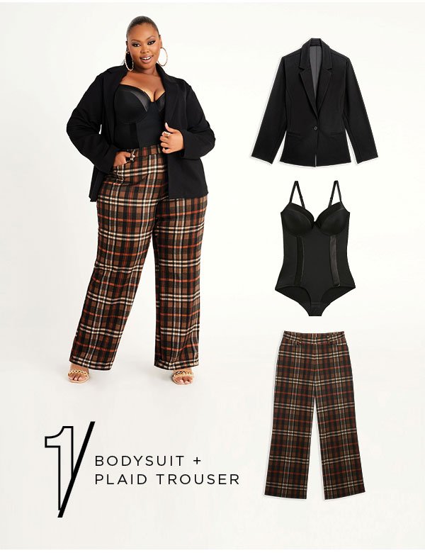 Remix bodysuit and plaid trousers