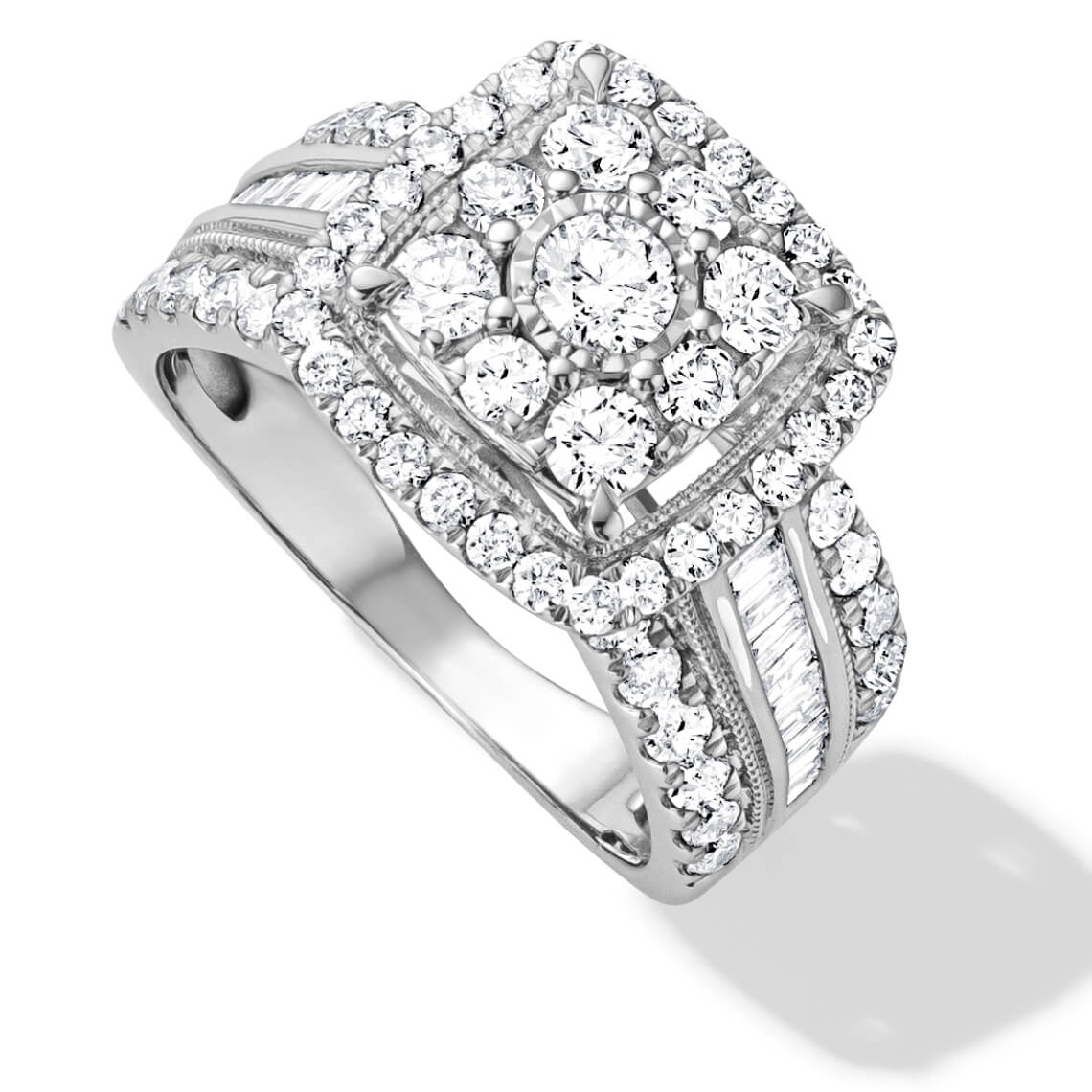  Bridal Composite  Diamond Engagement Ring 2 ct tw Round/Baguette 10K WG