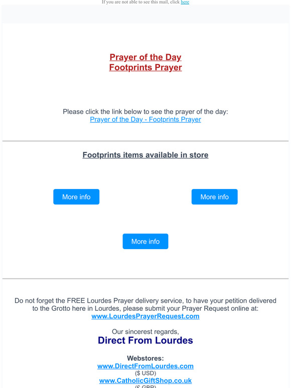 direct from lourdes Prayer of the day Footprints Prayer Milled