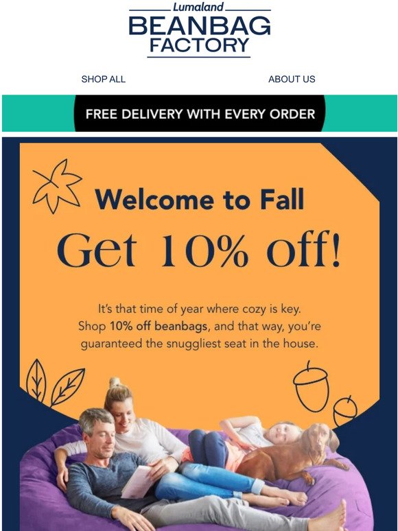 It's the Beanbag Factory 'Welcome to Fall' sale! 🍁
