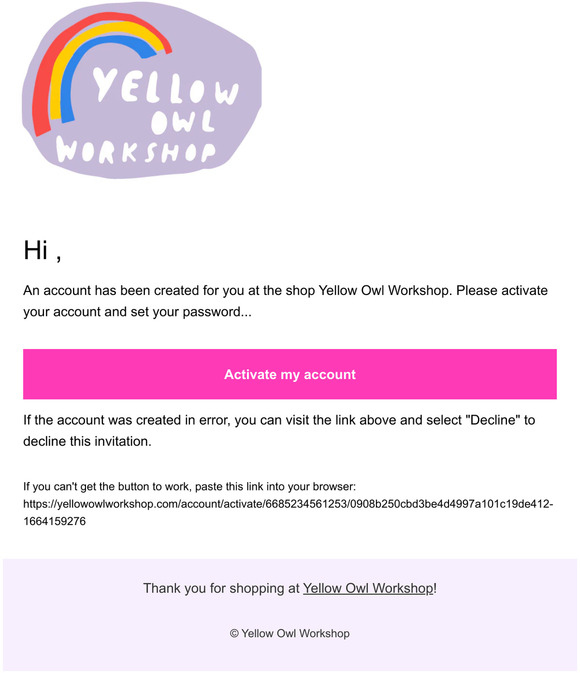 Customer account activation - Yellow Owl Workshop