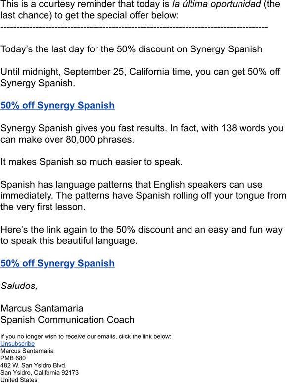 24 hours left 50% off Synergy Spanish