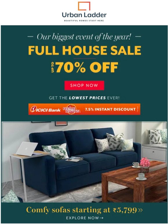 Sofas starting @ ₹5799 this Full House Sale