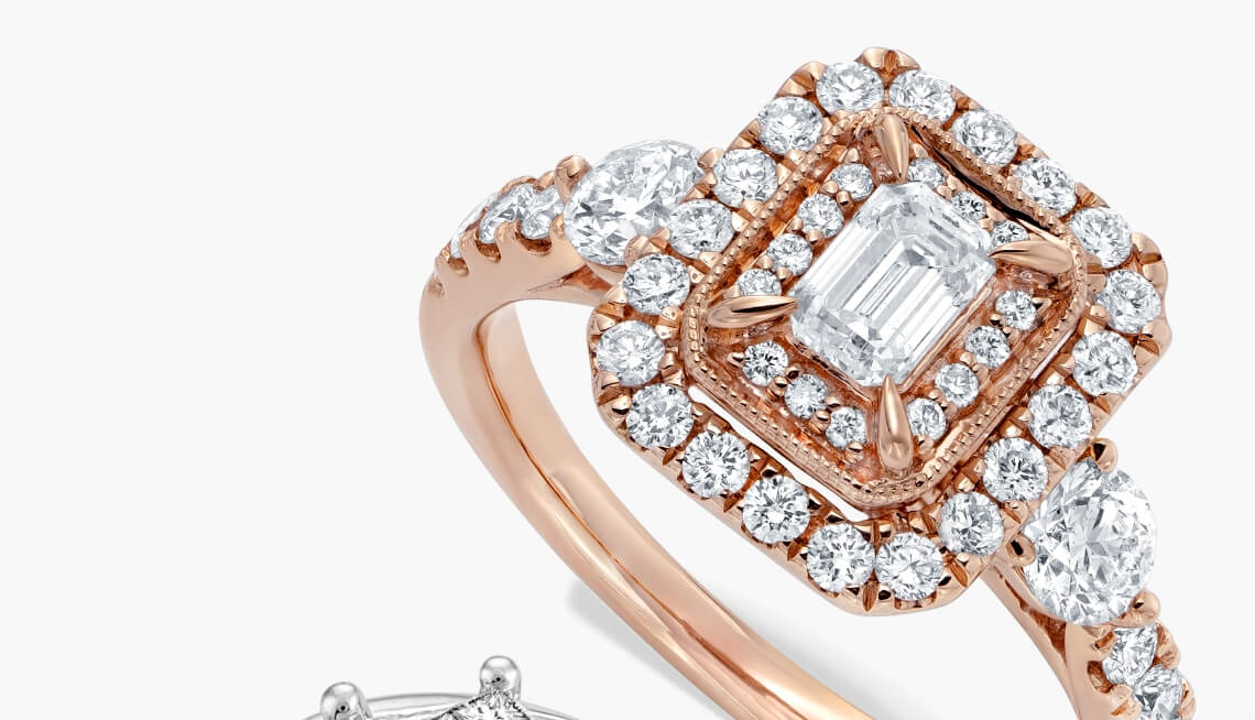 Emerald-Cut  Diamond Engagement Ring 1-1/4 ct tw Emerald/Round 14K Rose Gold