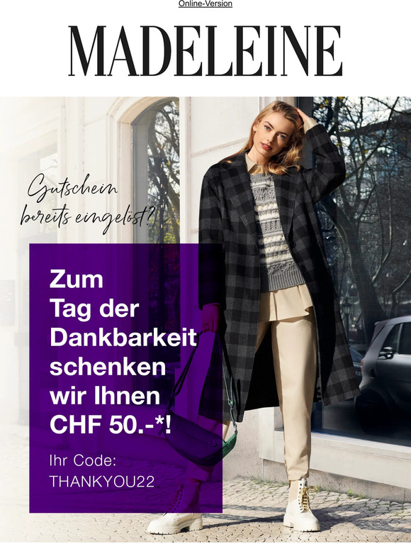madeleinemode.ch Nicht vergessen Ihr CHF 50 DankeschönGutschein