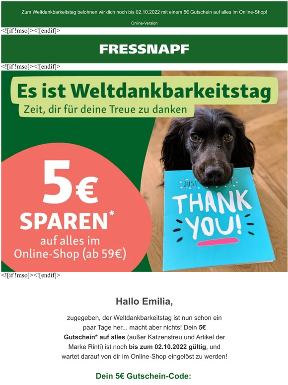 Fressnapf-Online-Shop: Denk an deinen 5€ Gutschein ☝️ | Milled