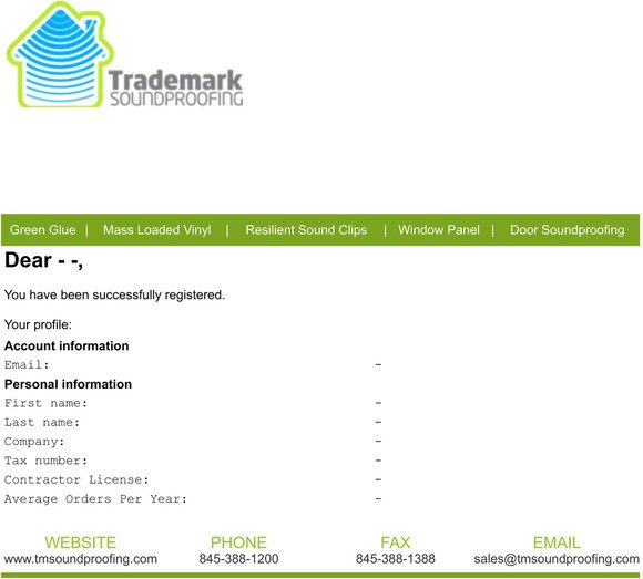 Trademark Soundproofing: Customer sign-in confirmation