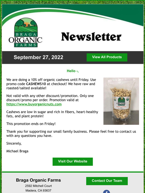 10% off organic cashews until Friday