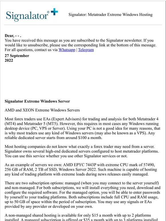 Signalator: Metatrader Extreme Windows Hosting