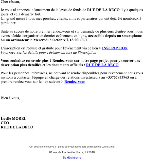La campagne accélère; dernier rdv investisseurs le Mercredi 5 Octobre à 18:00 CET