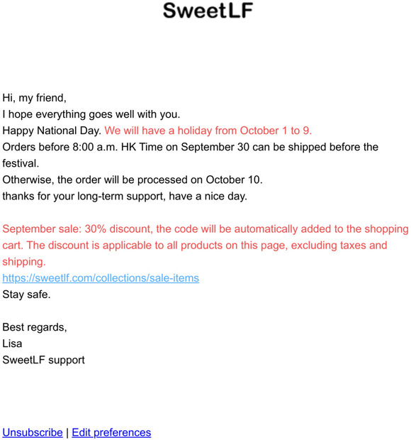 Notice: Orders before 8:00 a.m. HK Time on September 30 can be shipped before the festival