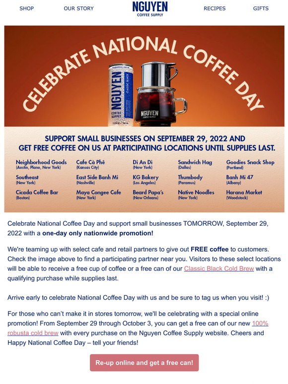 Nguyen Coffee Supply Free coffee on National Coffee Day! 🎉 Milled