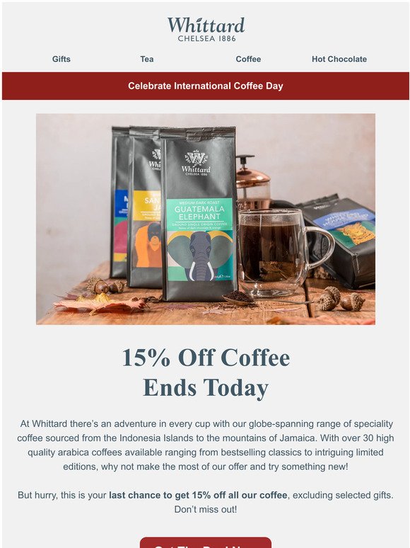 15% Off Coffee Ends Today