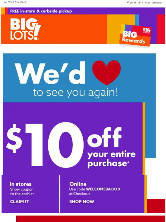 Big Lots: We've Missed You! Here's $10 OFF EVERYTHING | Milled