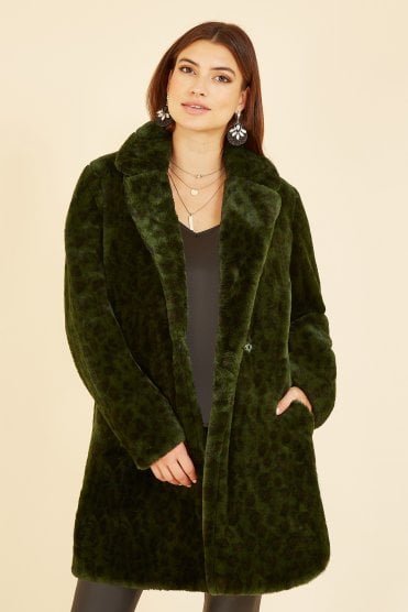 Yumi Green Luxe Leopard Print Faux Fur Coat