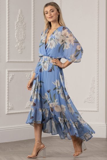 Floral Print Kimono Midi Wrap Dress Light Blue