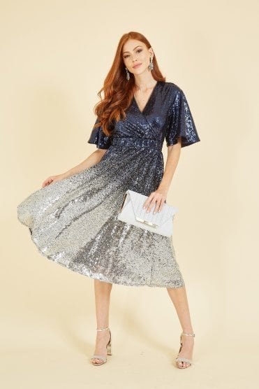 Yumi Navy and Silver Ombre Sequin Midi Wrap Dress