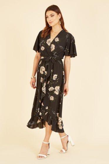 Mela Black Blossom Print Wrap Frill Midi Dress