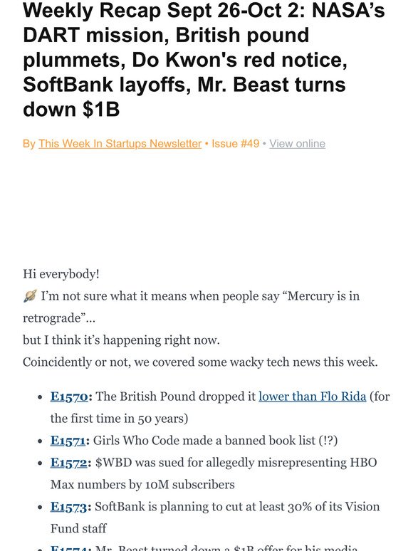 Weekly Recap Sept 26-Oct 2: NASA’s DART mission, British pound plummets, Do Kwon's red notice, SoftBank layoffs, Mr. Beast turns down $1B