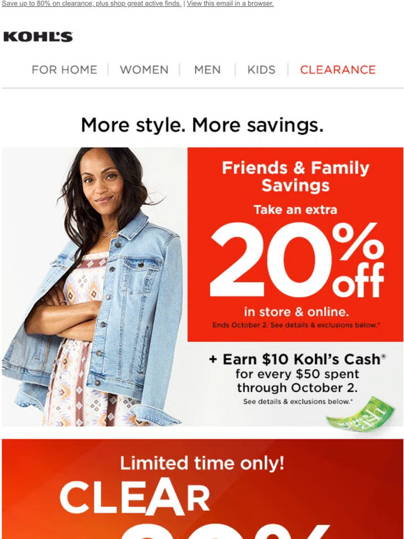 Kohl's Take 20 off + 10 Kohl's Cash for every 50 spent ends today