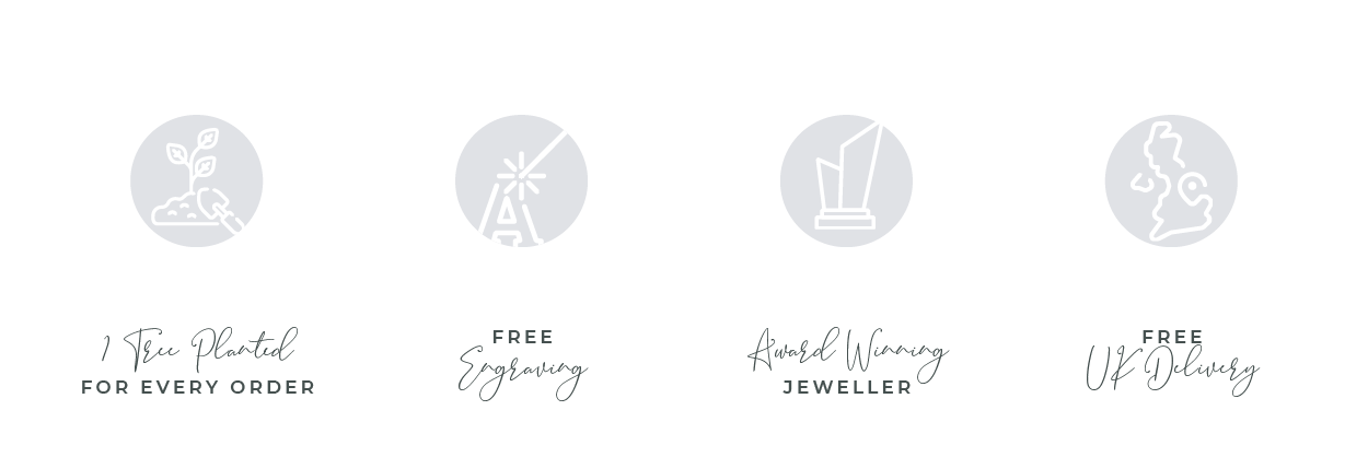 Reasons to choose JJ | Free engraving | Free UK delivery | Award Winning Jeweller | 1 Tree Planted for every order placed