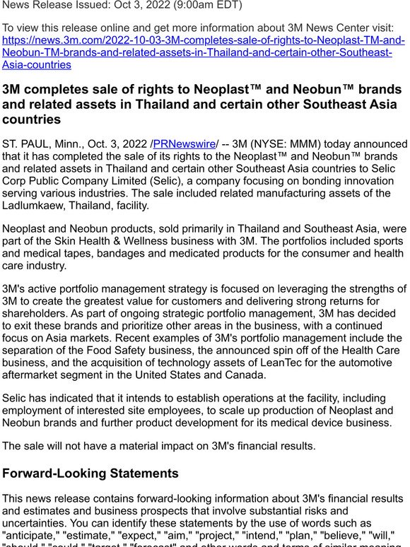 3M completes sale of rights to Neoplast™ and Neobun™ brands and related assets in Thailand and certain other Southeast Asia countries