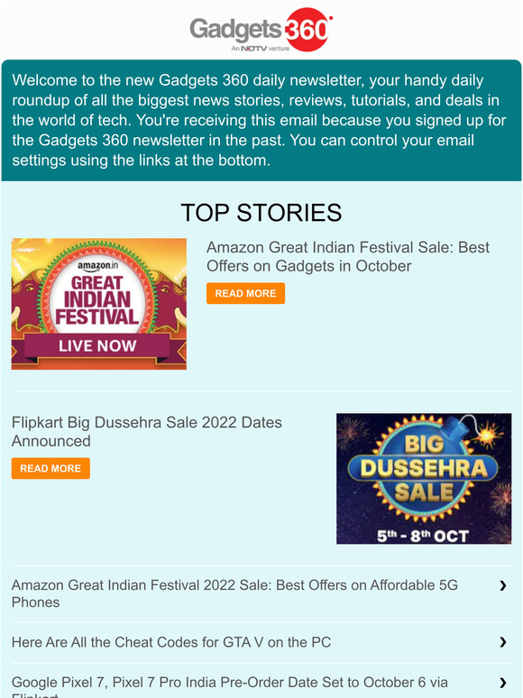 Gadgets 360 Newsletter: Amazon Great Indian Festival Sale: Best Offers on Gadgets in October & more