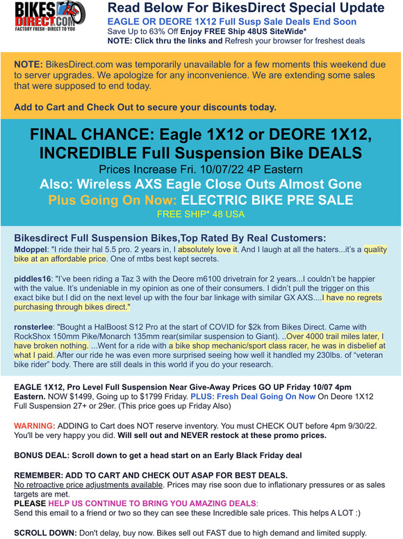 Bikes Direct Special Update On Bike Sales and SITE ISSUES Milled
