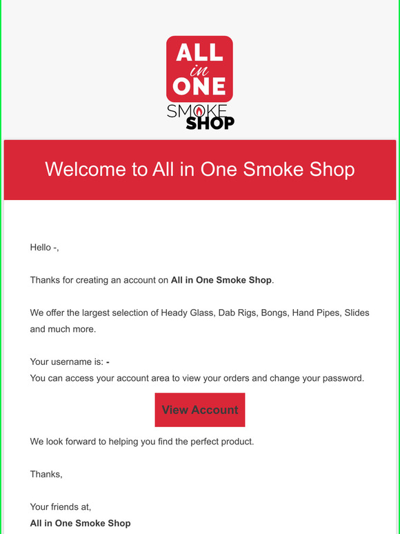 Your All in One Smoke Shop account has been created!