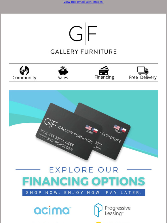 Gallery Furniture Shop now and pay later! Milled
