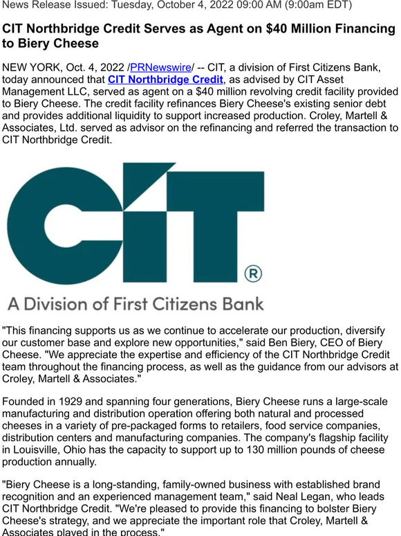 CIT Bank CIT Northbridge Credit Serves as Agent on 40 Million