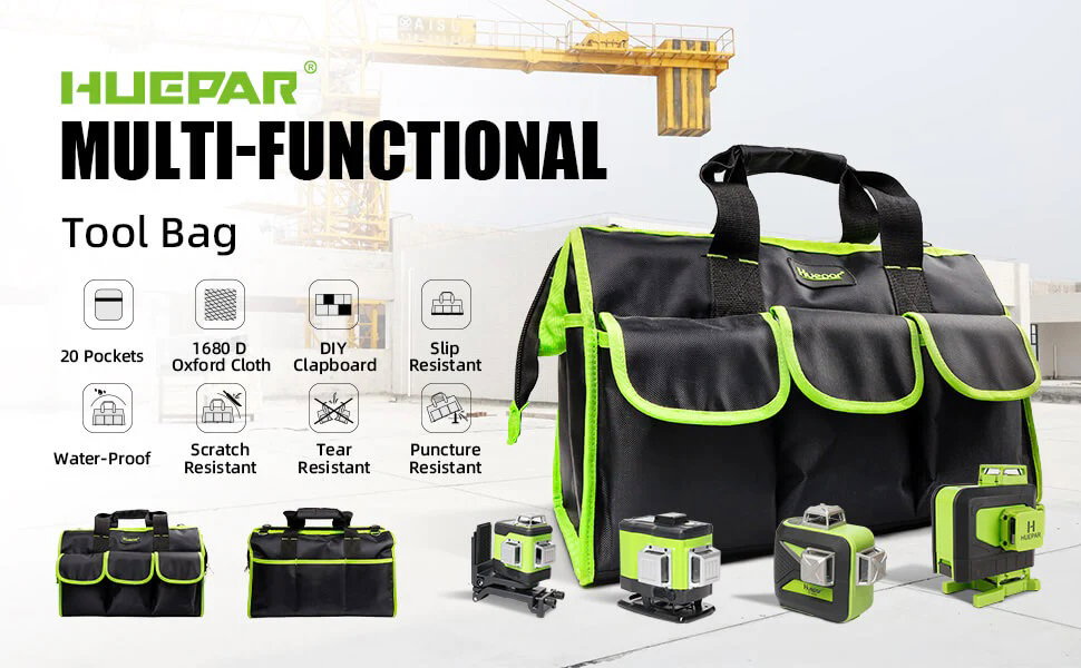 Huepar TB01- Tool Bag for Men or Women 19 inch Close Large Tote Bag for Tool Storage, Adjustable Shoulder Strap and Removable Soft Panel, Water Proof