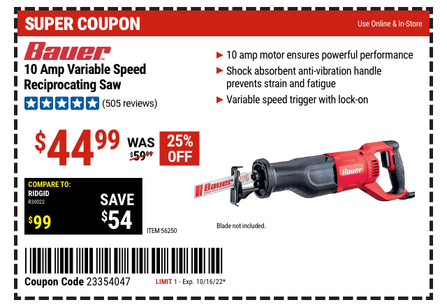 Bauer 10 amp variable deals speed reciprocating saw